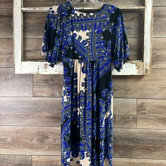 NINE WEST Short Elastic Sleeve Vneck Knotted Ruched Bodice Dress Size 4 Blue - Picture 8 of 10